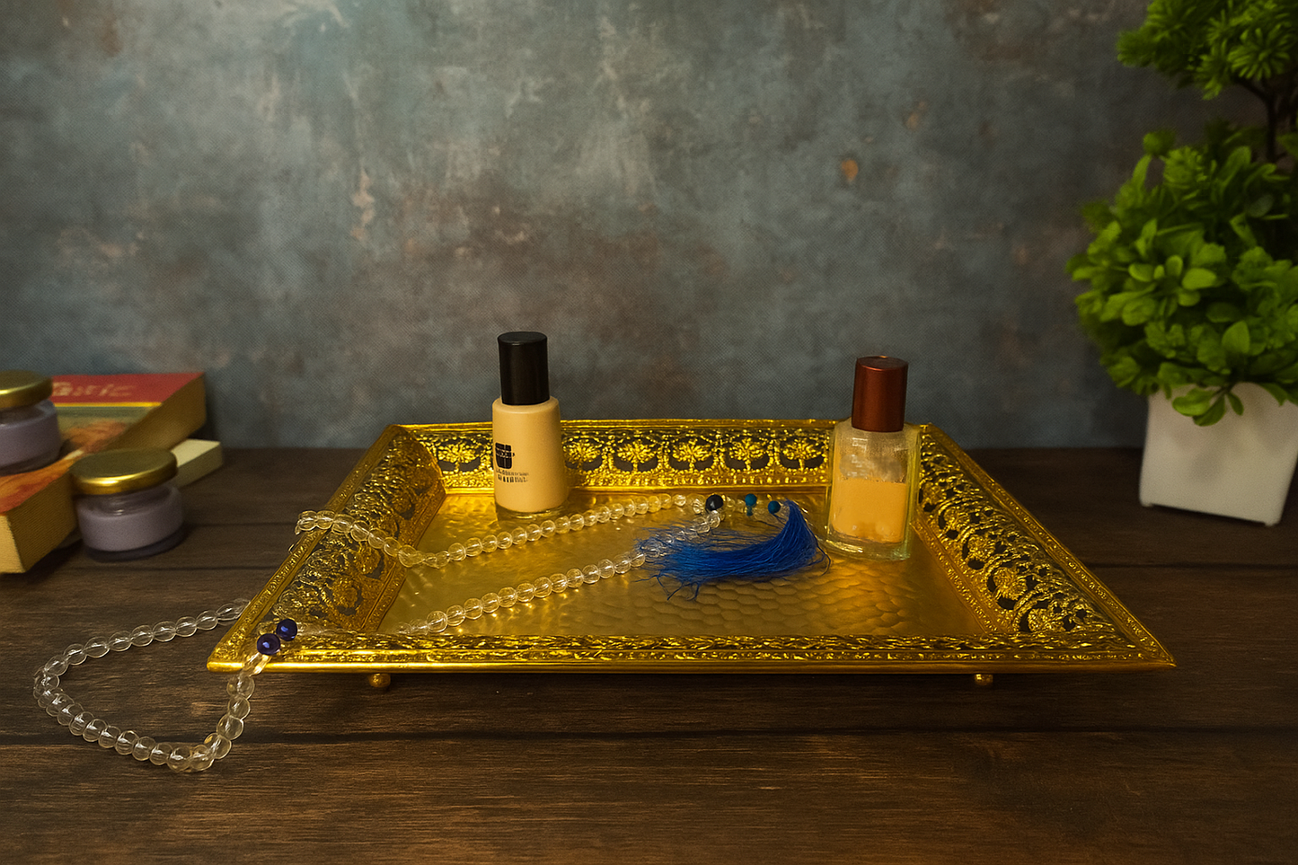 Elegant Golden Decorative Tray for Makeup, Jewelry & Home Décor – Antique Finish, Premium Design