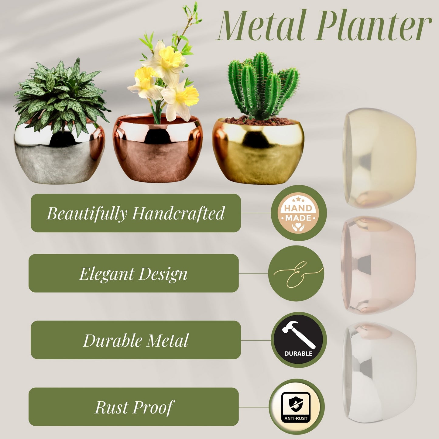 Trio of Lustrous Metallic Planters | Gold, Silver & Copper Plated