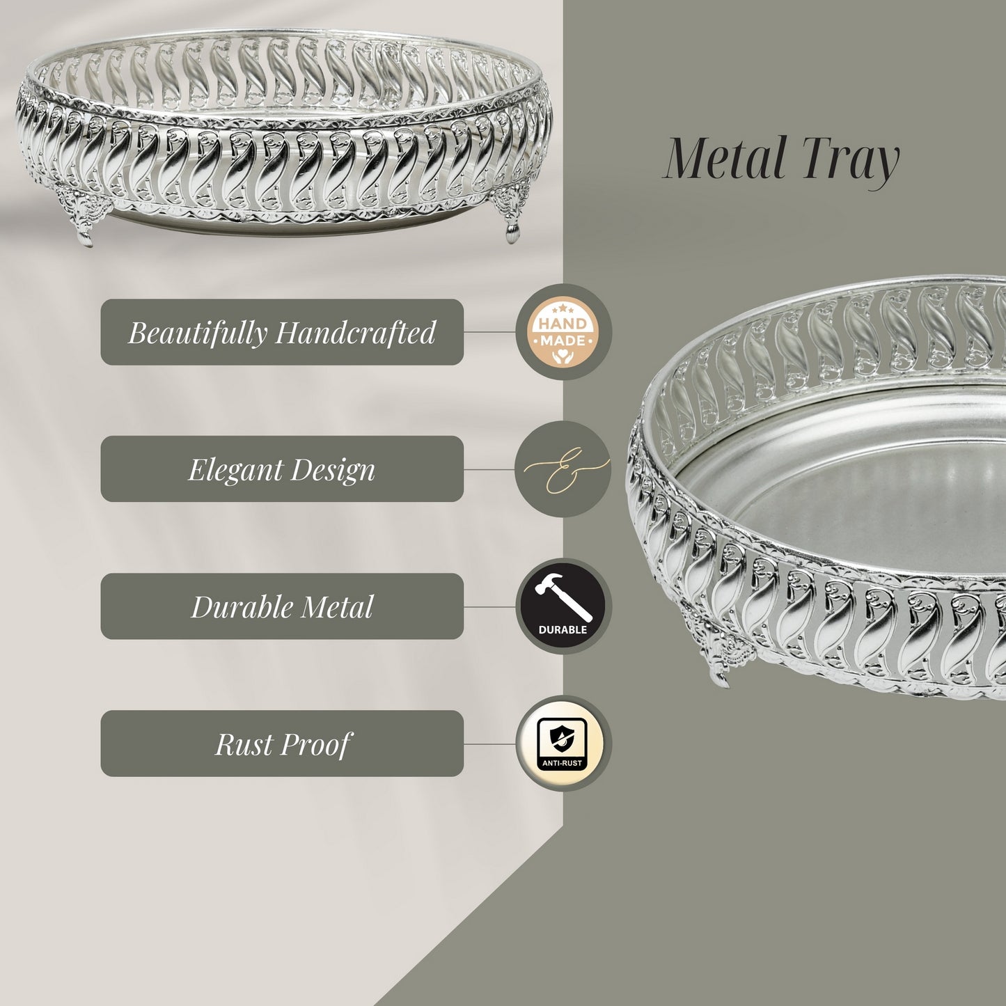 Ornate Silver-Plated Decorative Round Tray – Etched Base Design Serving Platter for Dining Table, Events & Home Décor
