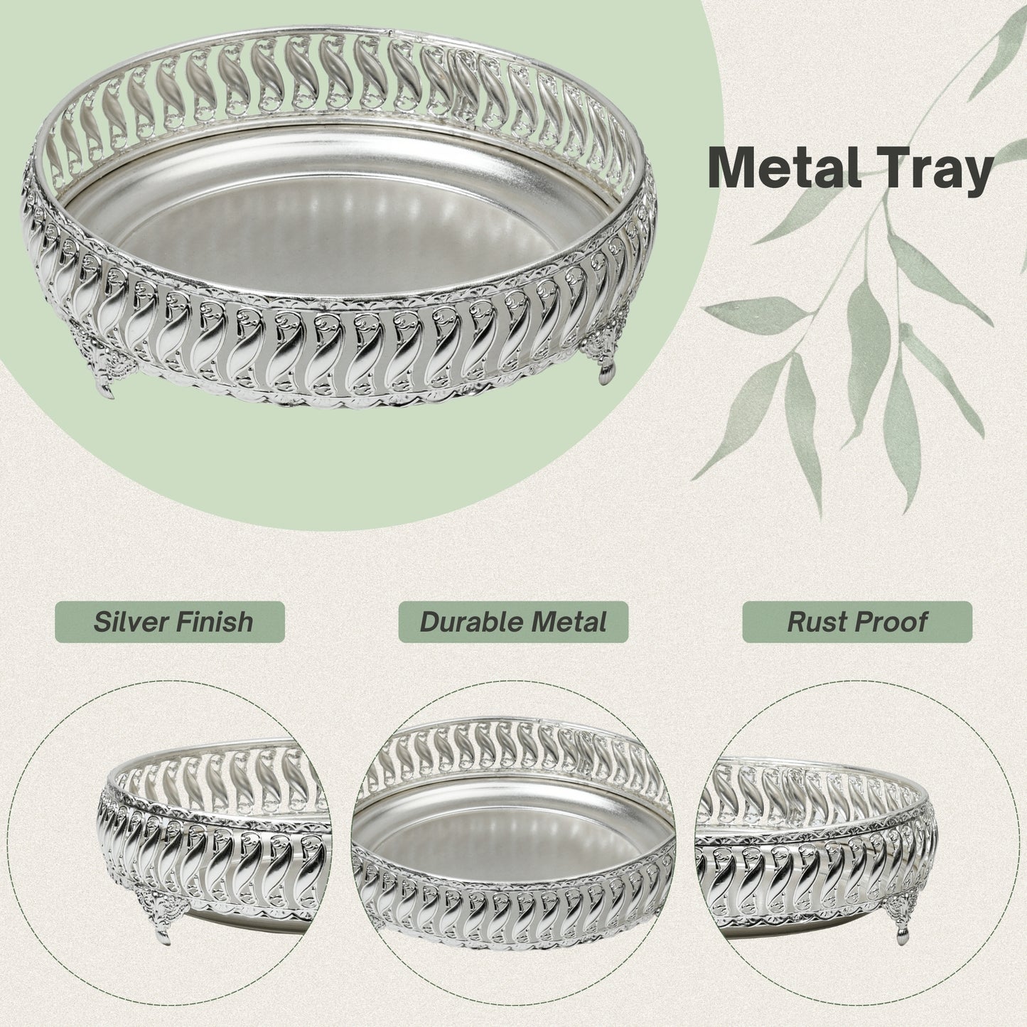 Ornate Silver-Plated Decorative Round Tray – Etched Base Design Serving Platter for Dining Table, Events & Home Décor