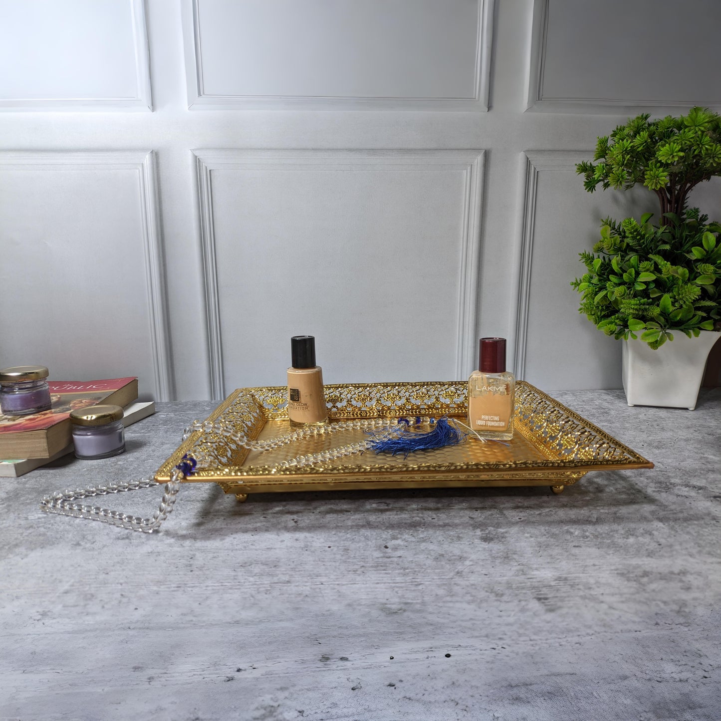 Elegant Golden Decorative Tray for Makeup, Jewelry & Home Décor – Antique Finish, Premium Design