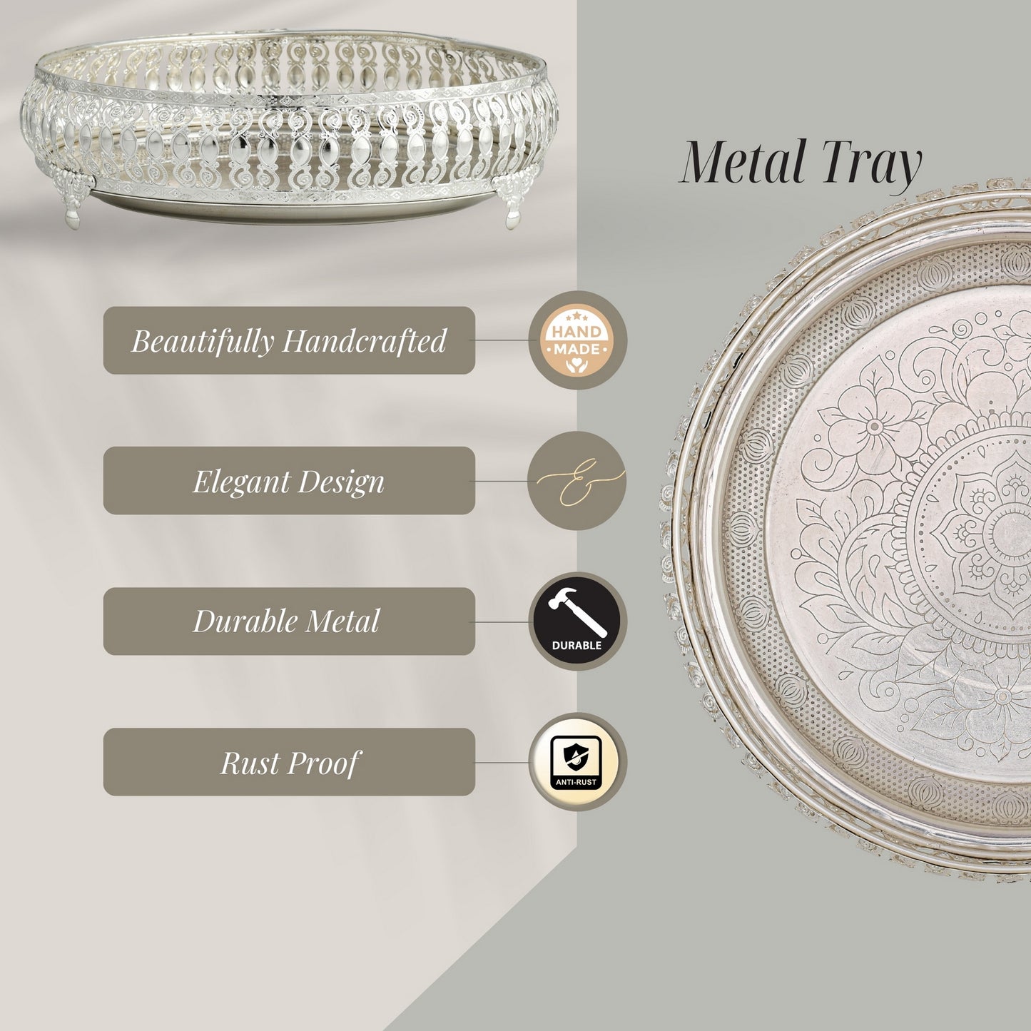 Ornate Silver-Plated Decorative Round Tray – Etched Base Design Serving Platter for Dining Table, Events & Home Décor