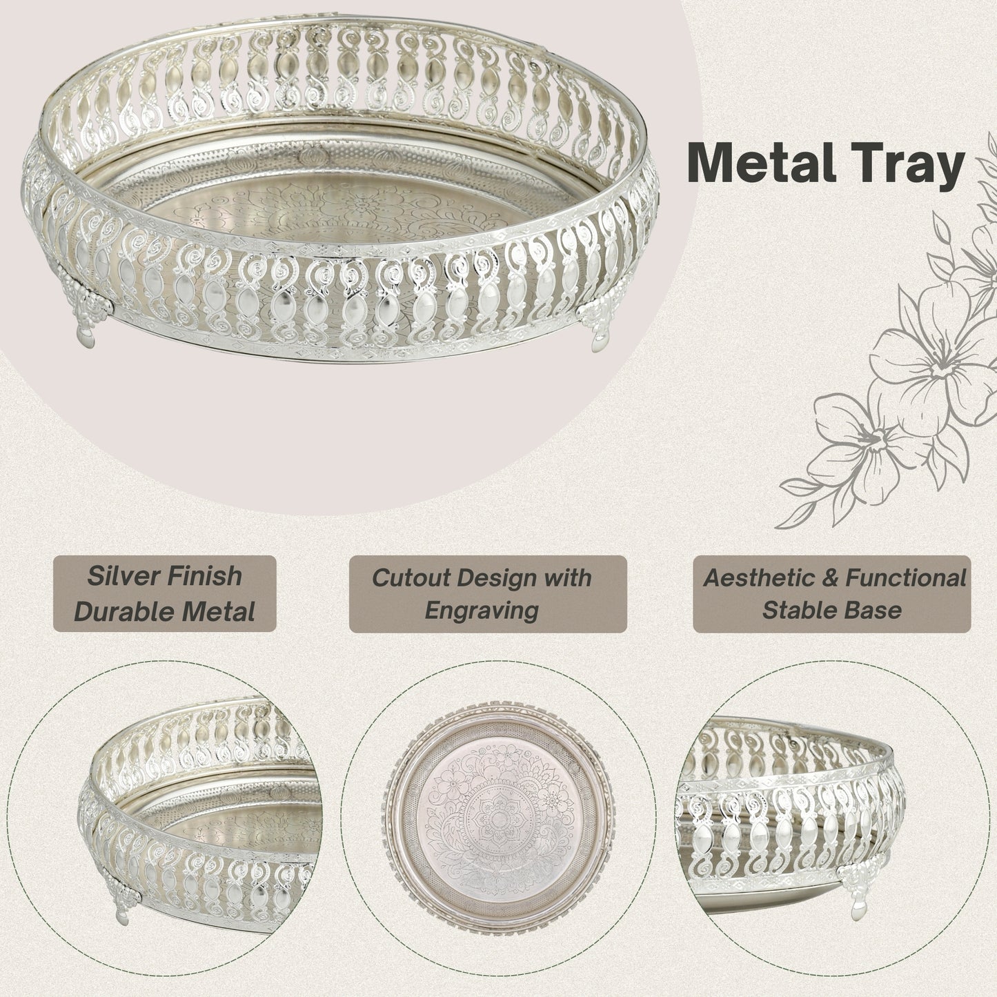 Ornate Silver-Plated Decorative Round Tray – Etched Base Design Serving Platter for Dining Table, Events & Home Décor