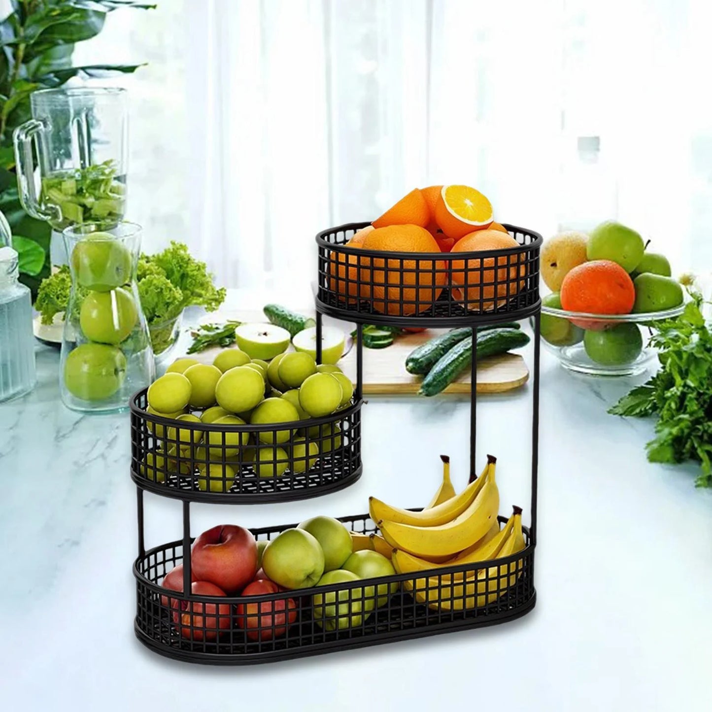 3-Tier White Metal Fruit and Vegetable Basket (Black)