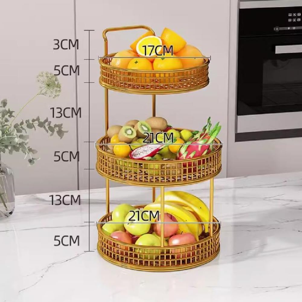 3-Tier Gold Metal Fruit Basket – Stylish Countertop Organizer with Handle for Kitchen & Dining