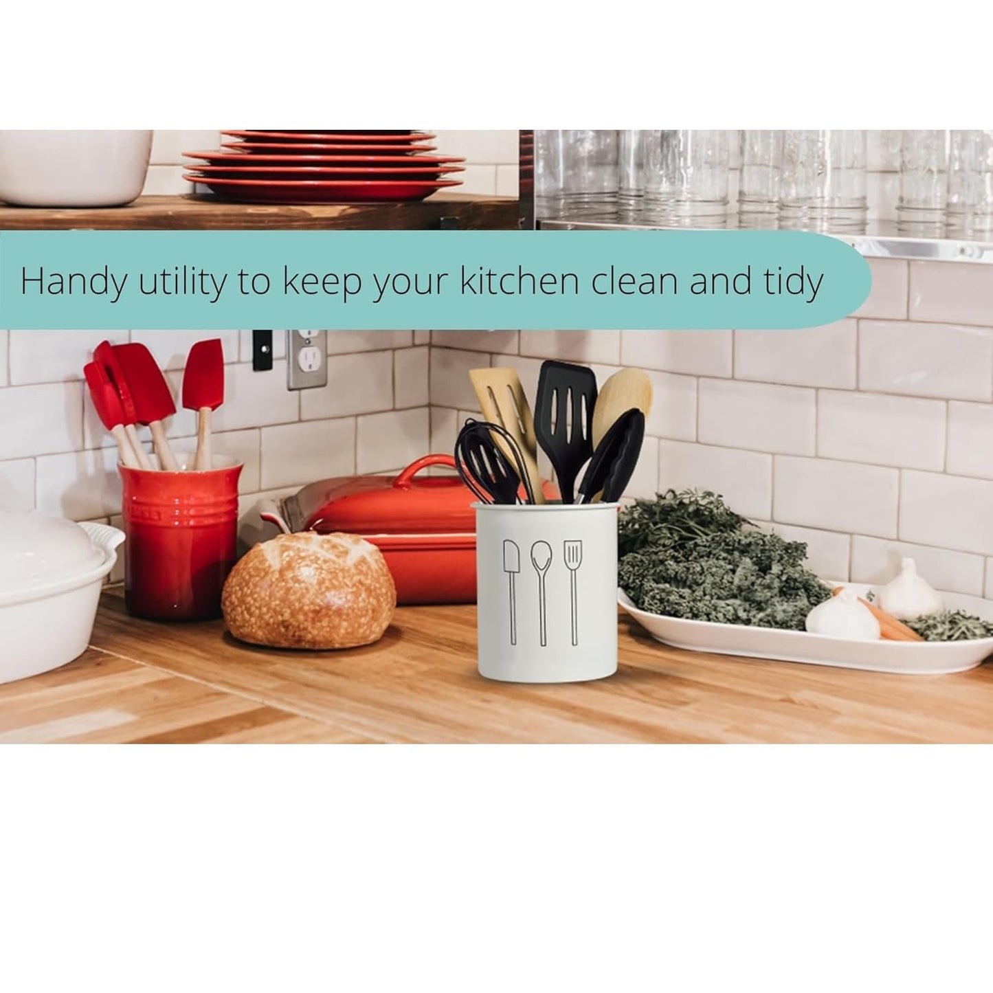 Modern White Utensil Holder with Cooking Tools – Countertop Organizer for Spoons, Spatulas, Tongs & Whisks
