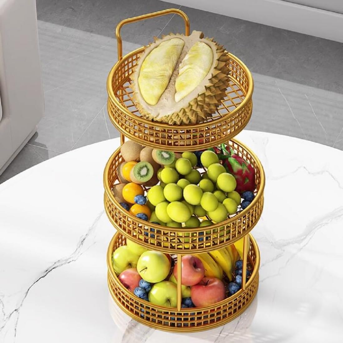 3-Tier Gold Metal Fruit Basket – Stylish Countertop Organizer with Handle for Kitchen & Dining