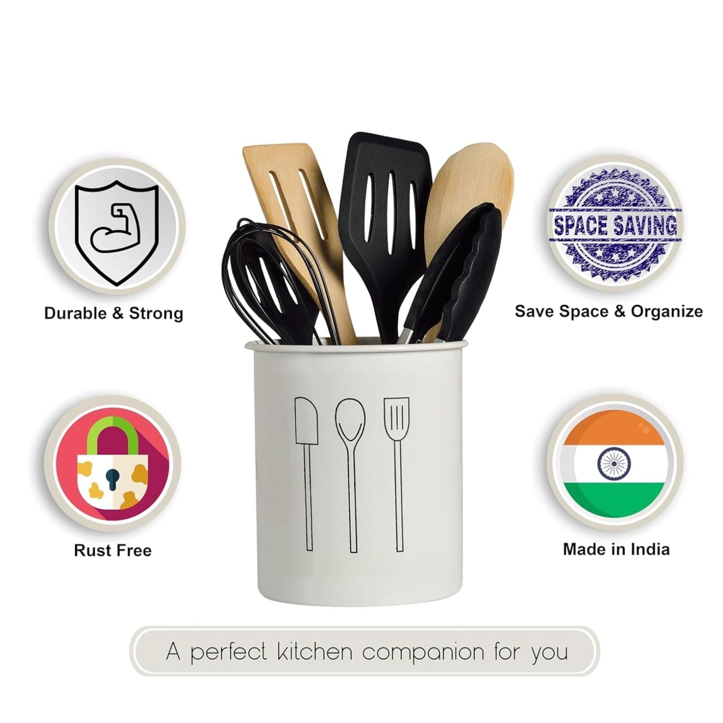Modern White Utensil Holder with Cooking Tools – Countertop Organizer for Spoons, Spatulas, Tongs & Whisks