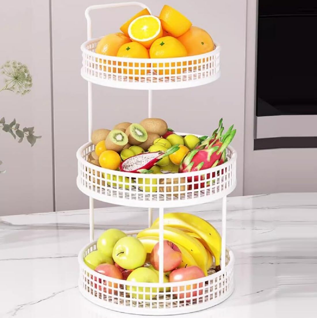 3-Tier White Metal Fruit Basket – Modern Counter Organizer with Handle for Kitchen & Dining Table