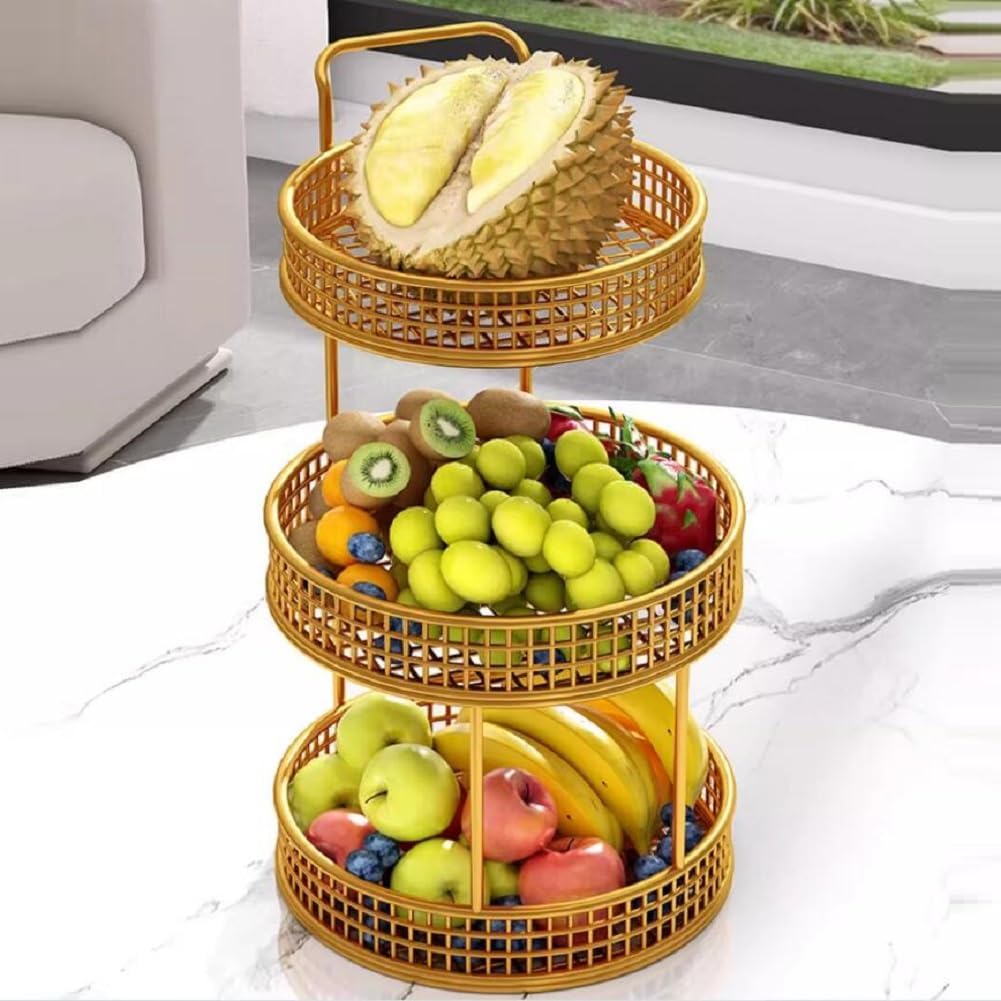3-Tier Gold Metal Fruit Basket – Stylish Countertop Organizer with Handle for Kitchen & Dining