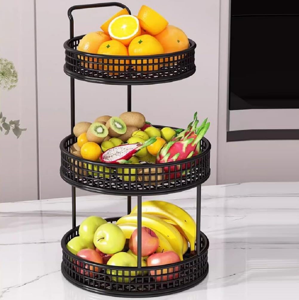3-Tier Black Metal Fruit Basket with Handle – Sleek Kitchen Counter Organizer for Fruits, Veggies, Snacks & More