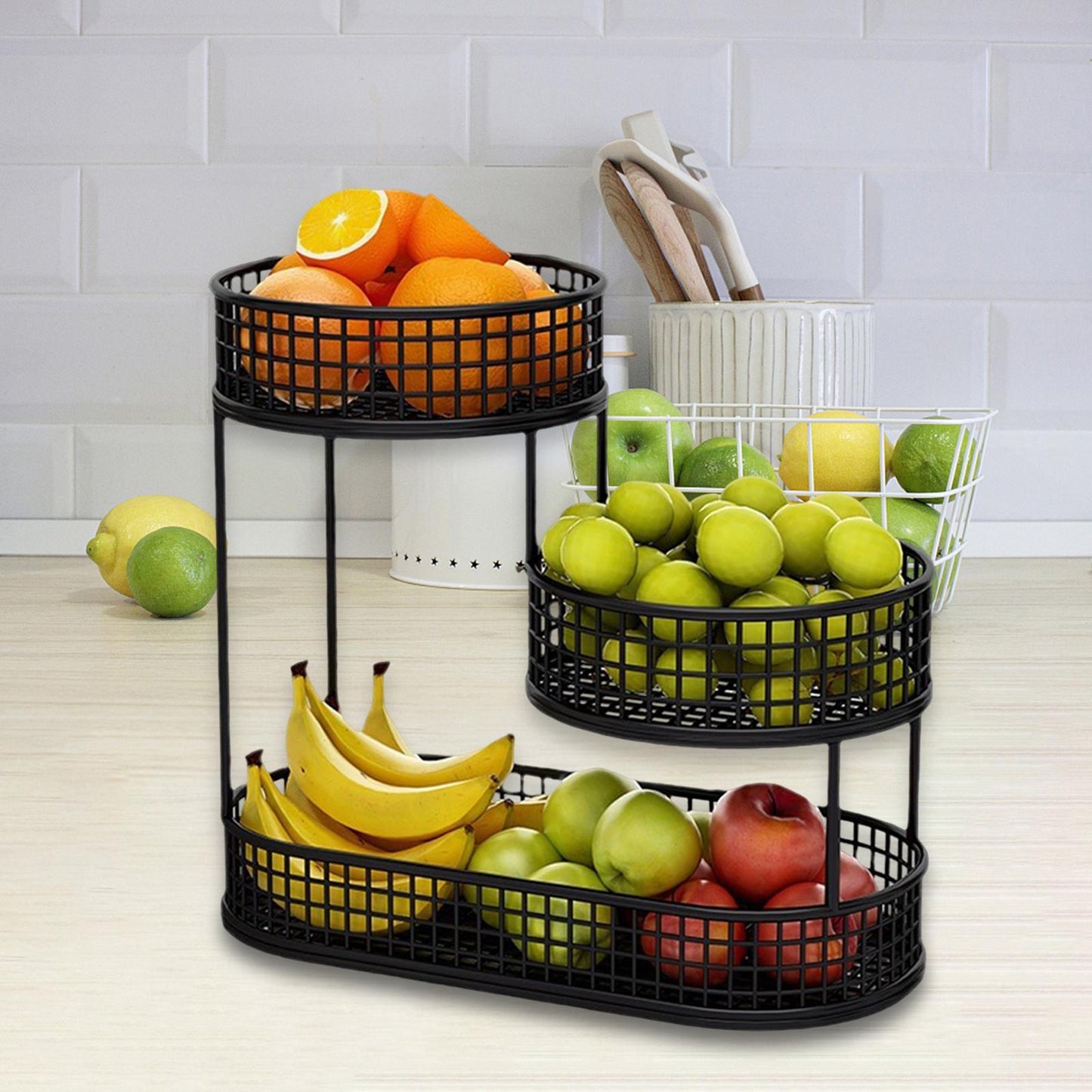 3-Tier White Metal Fruit and Vegetable Basket (Black)