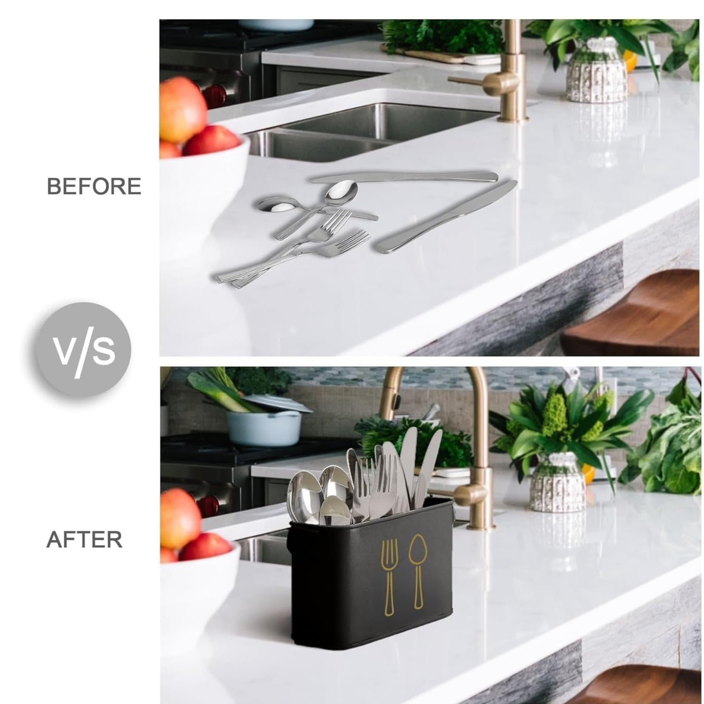 Stylish Black Cutlery Holder with Gold Utensil Design – Flatware Organizer for Spoons, Forks & Knives
