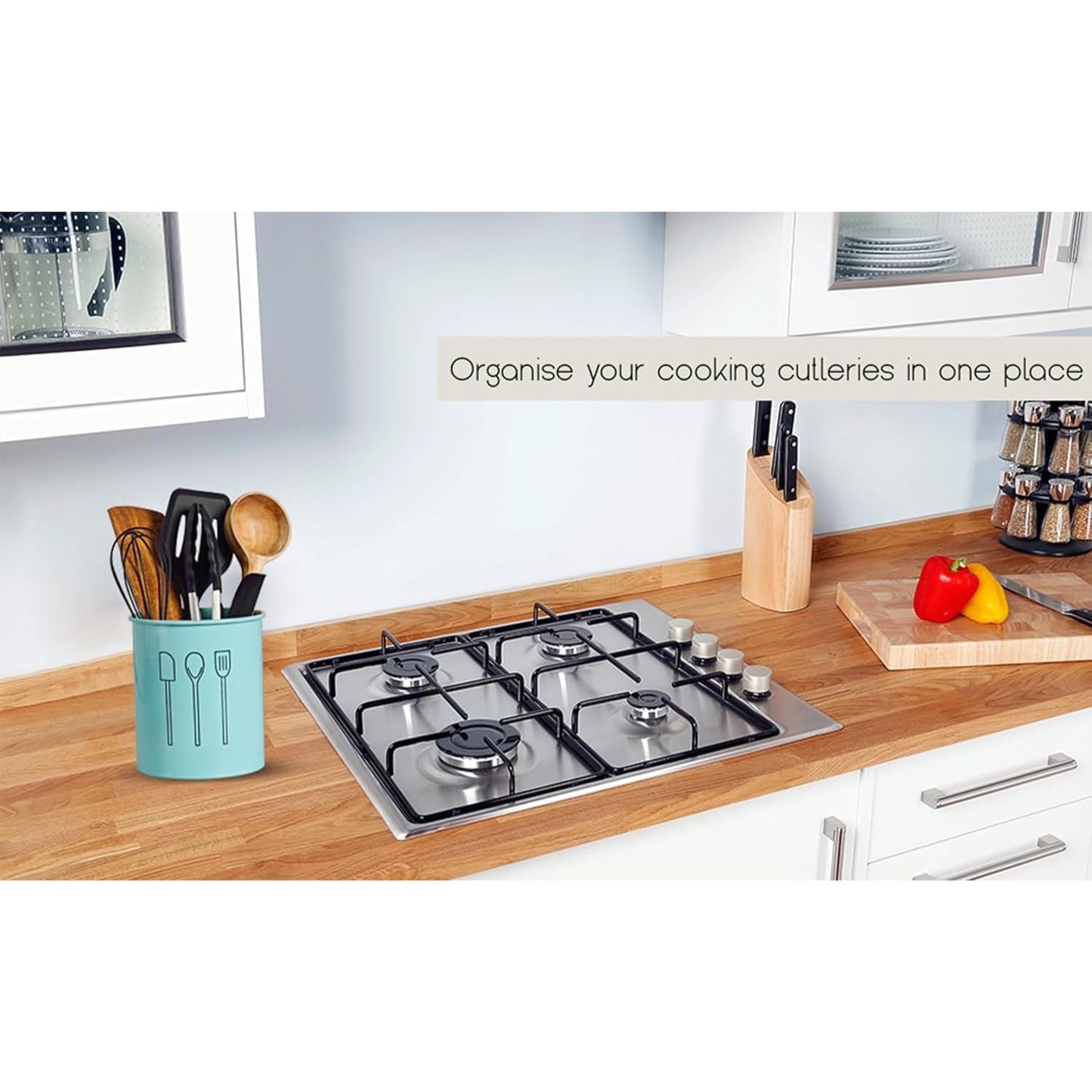 Premium Utensil Holder with Cooking Tools Set – Stylish Blue Kitchen Organizer for Spoons, Spatulas, Tongs & More