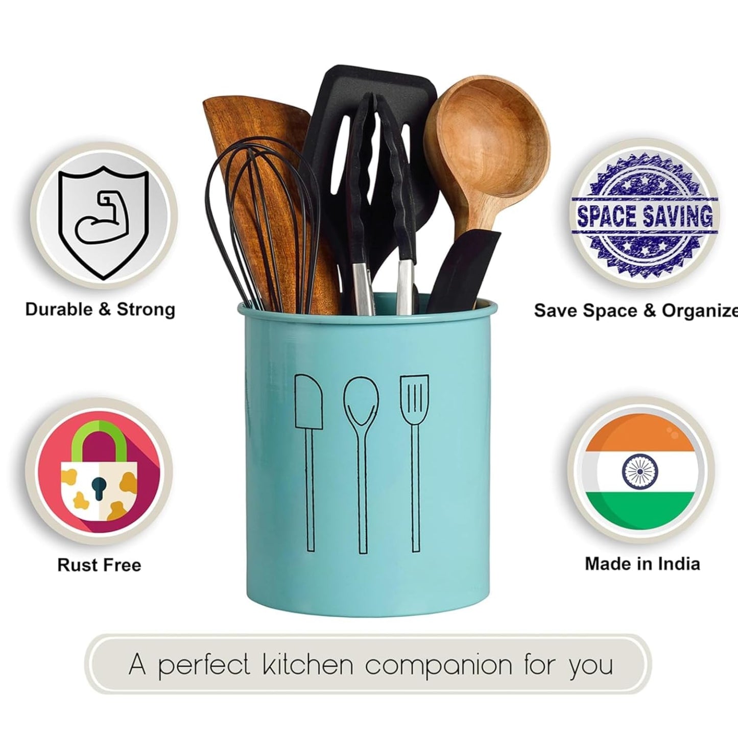 Premium Utensil Holder with Cooking Tools Set – Stylish Blue Kitchen Organizer for Spoons, Spatulas, Tongs & More