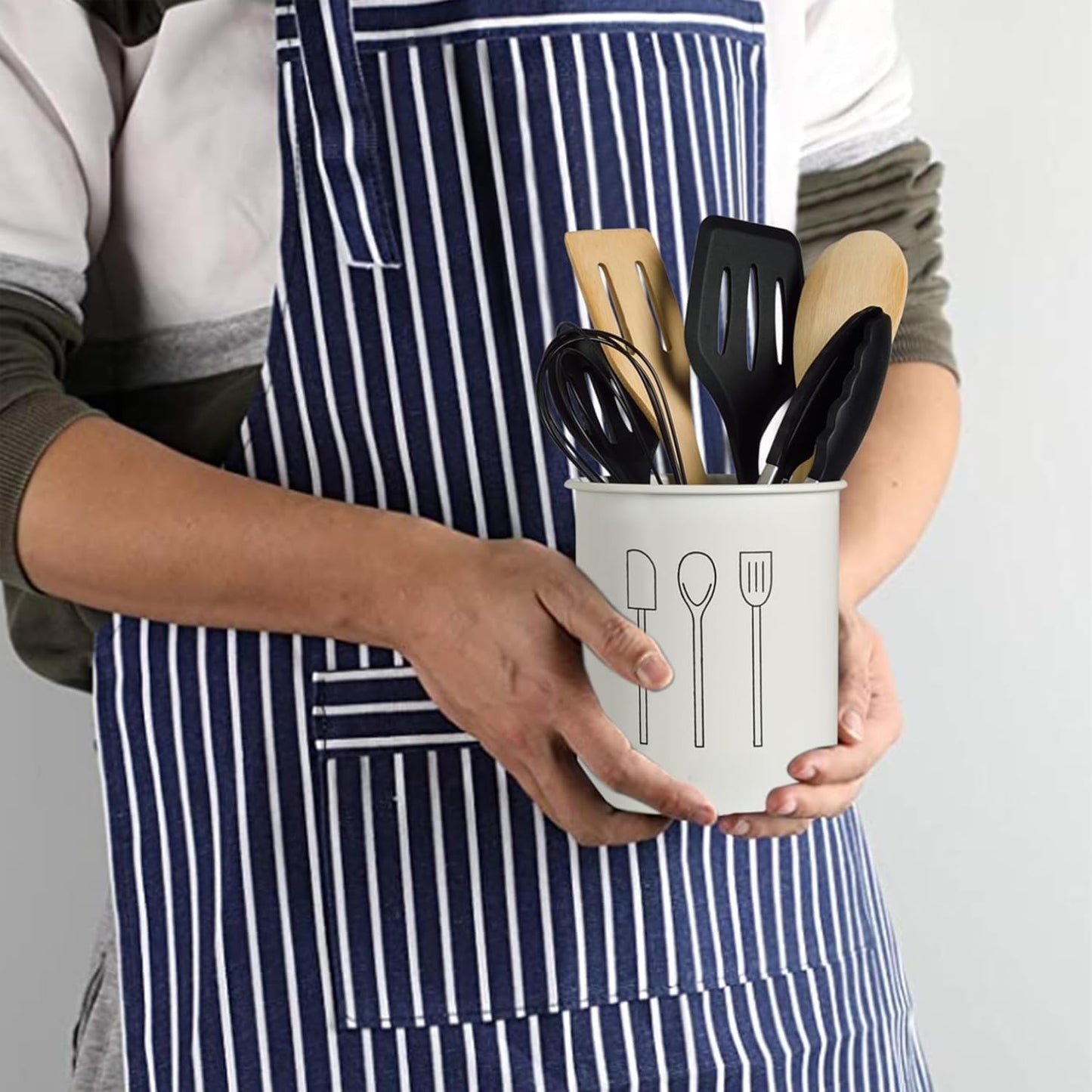 Modern White Utensil Holder with Cooking Tools – Countertop Organizer for Spoons, Spatulas, Tongs & Whisks