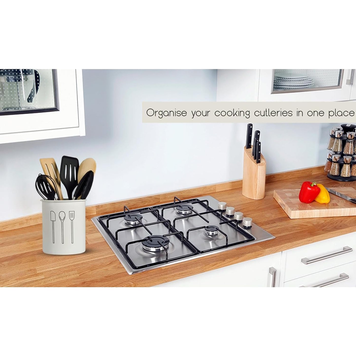 Modern White Utensil Holder with Cooking Tools – Countertop Organizer for Spoons, Spatulas, Tongs & Whisks