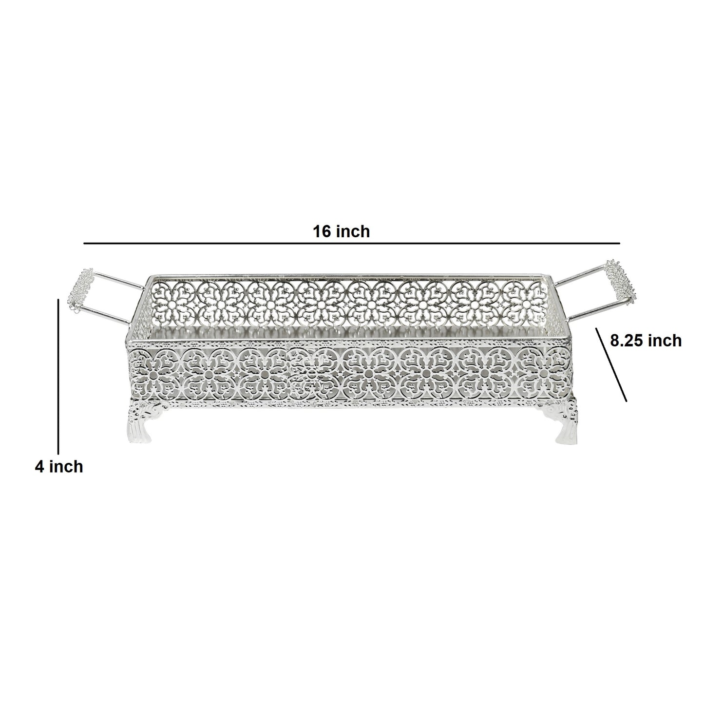 Rectangular Silver-Tone Ornate Tray with Scrolled Handles and Raised Edges