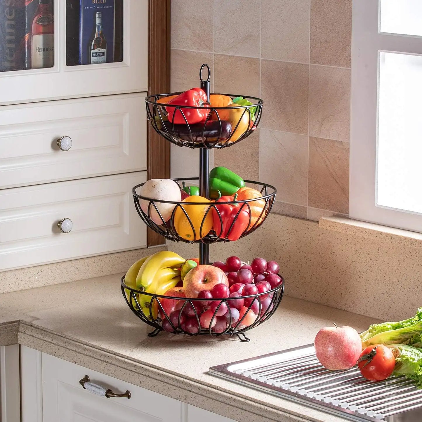 3-Tier Metal Fruit Basket Stand – Decorative Countertop Organizer for Fruits, Vegetables, Snacks & Kitchen Essentials