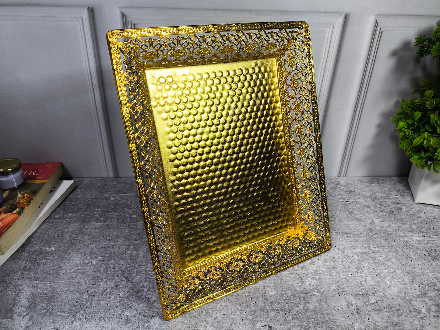 Elegant Golden Decorative Tray for Makeup, Jewelry & Home Décor – Antique Finish, Premium Design