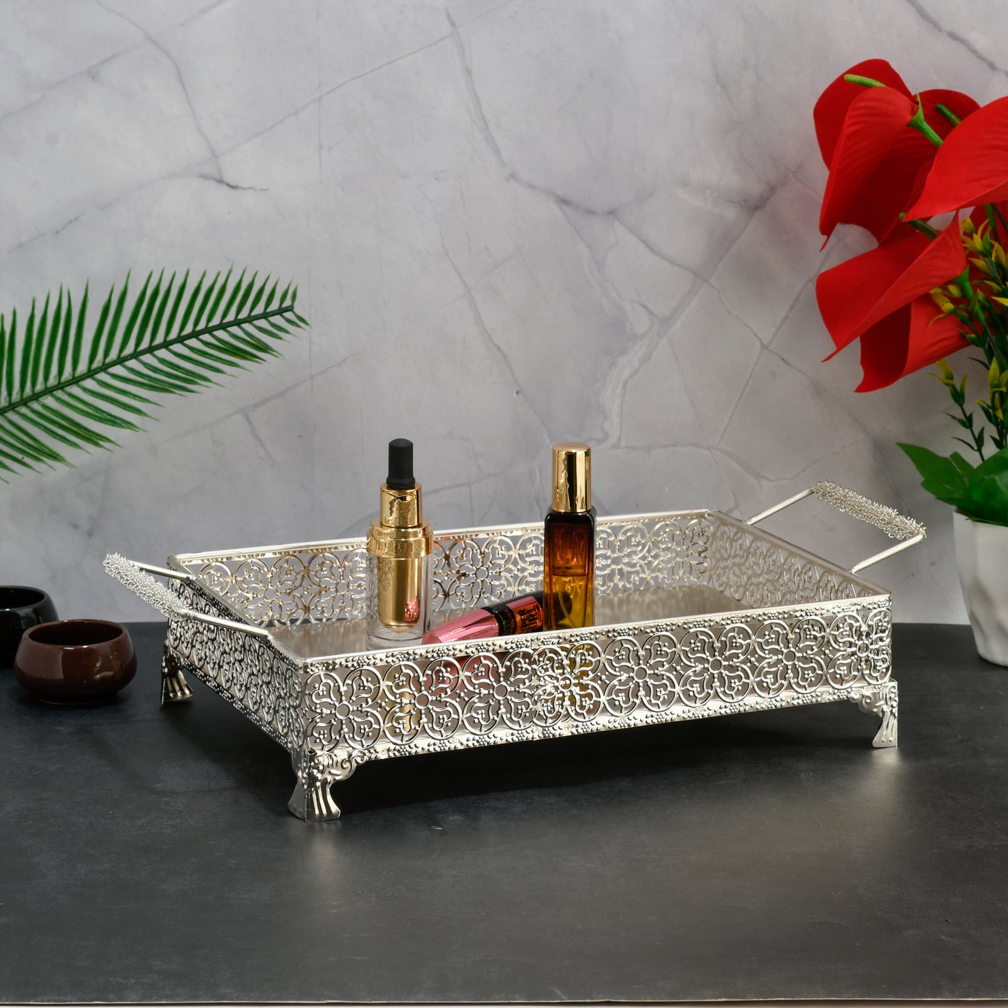 Rectangular Silver-Tone Ornate Tray with Scrolled Handles and Raised Edges