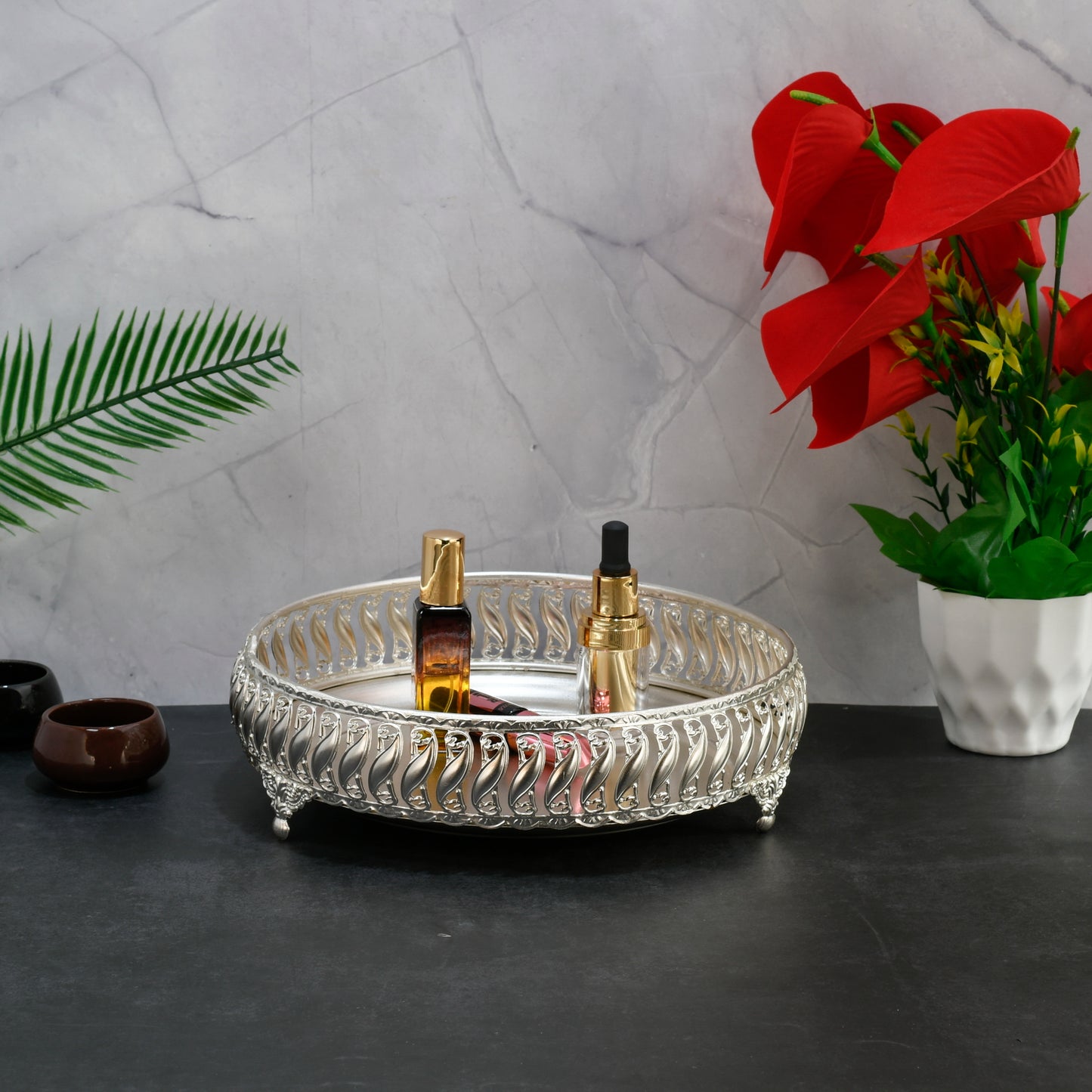 Ornate Silver Vanity Tray – Elegant Metal Organizer for Makeup, Jewelry & Home Decor | Silver Plated