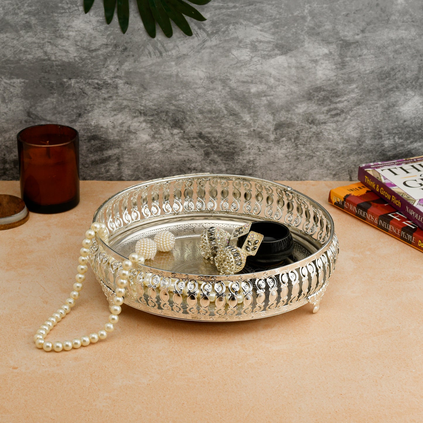 Ornate Silver-Plated Decorative Round Tray – Etched Base Design Serving Platter for Dining Table, Events & Home Décor