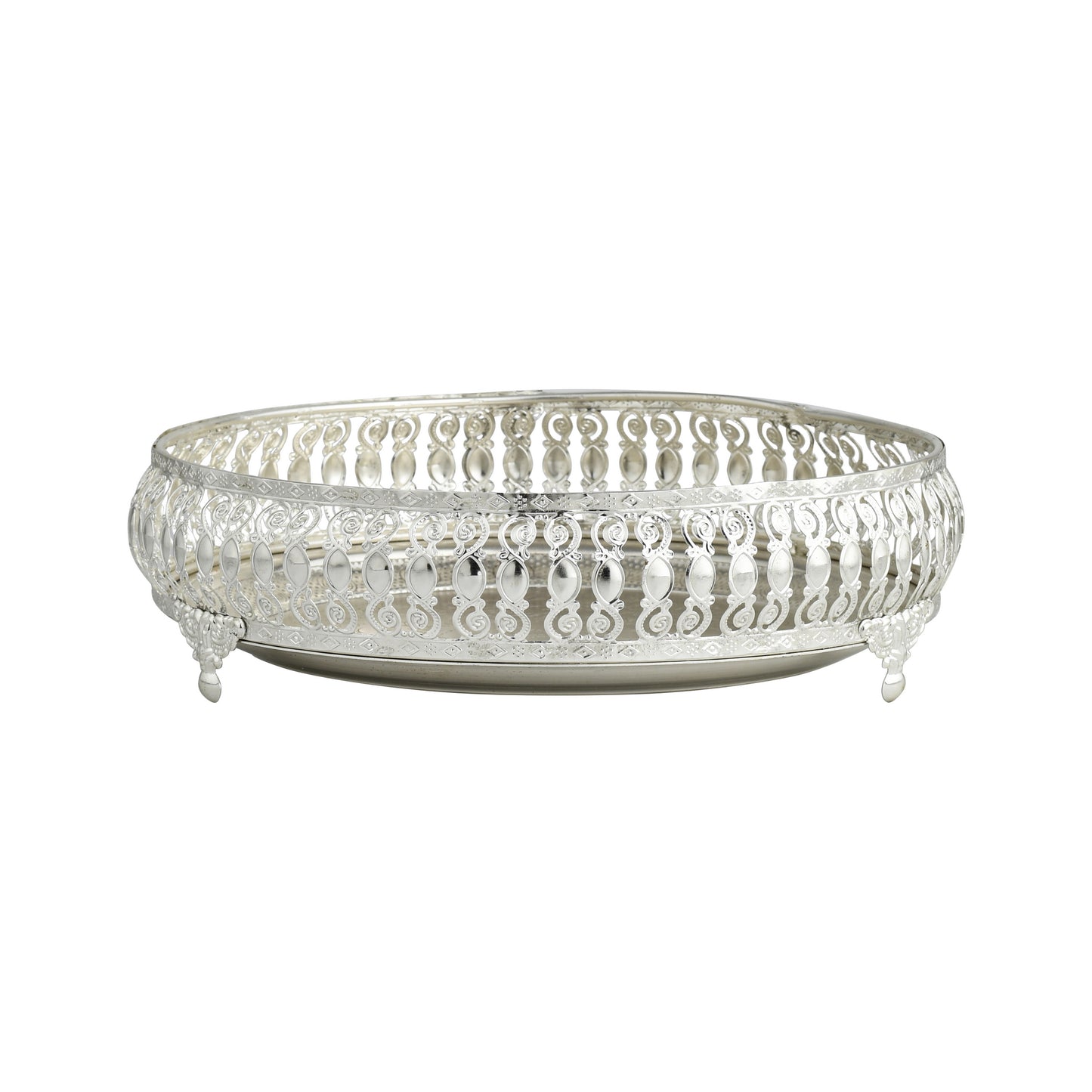 Ornate Silver-Plated Decorative Round Tray – Etched Base Design Serving Platter for Dining Table, Events & Home Décor