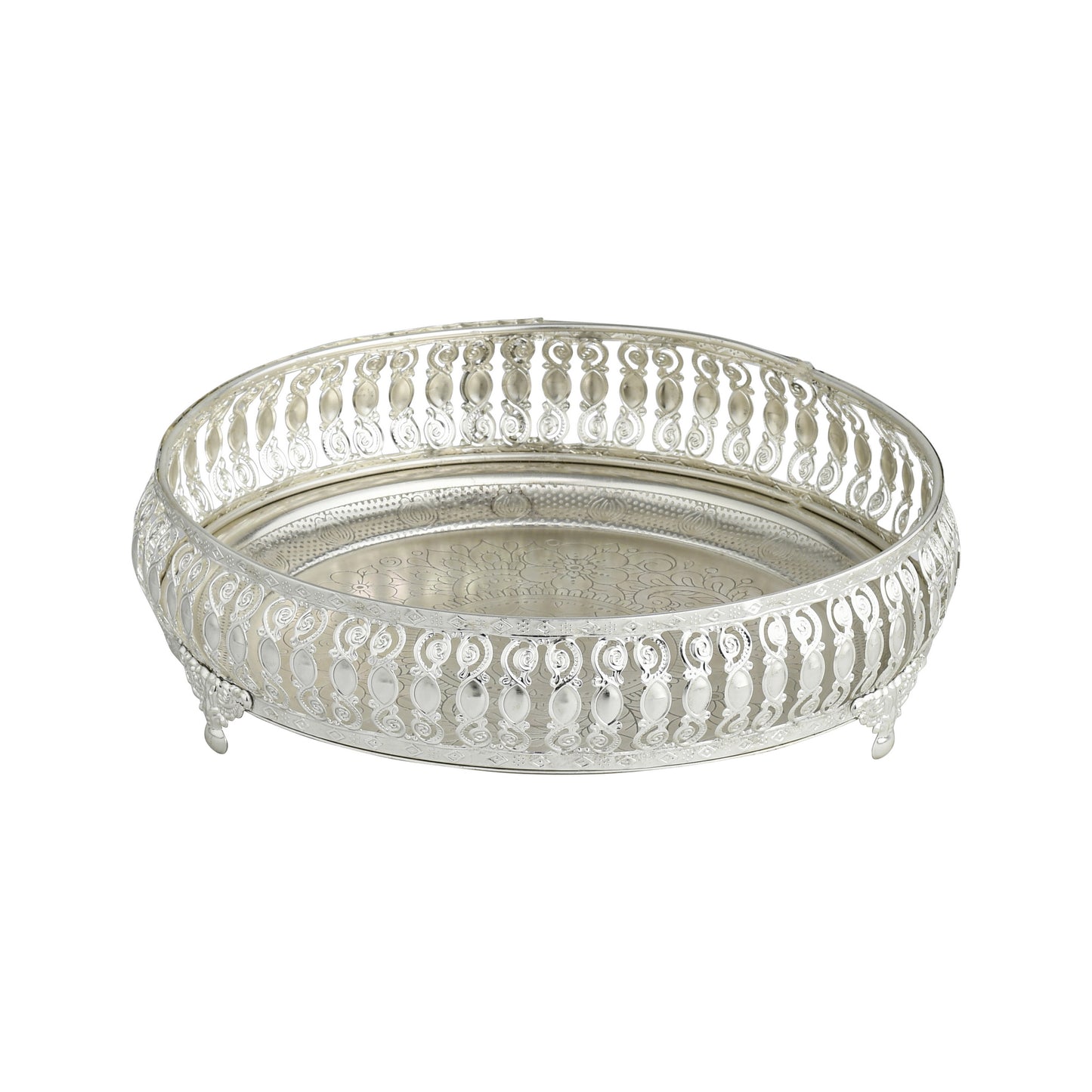 Ornate Silver-Plated Decorative Round Tray – Etched Base Design Serving Platter for Dining Table, Events & Home Décor