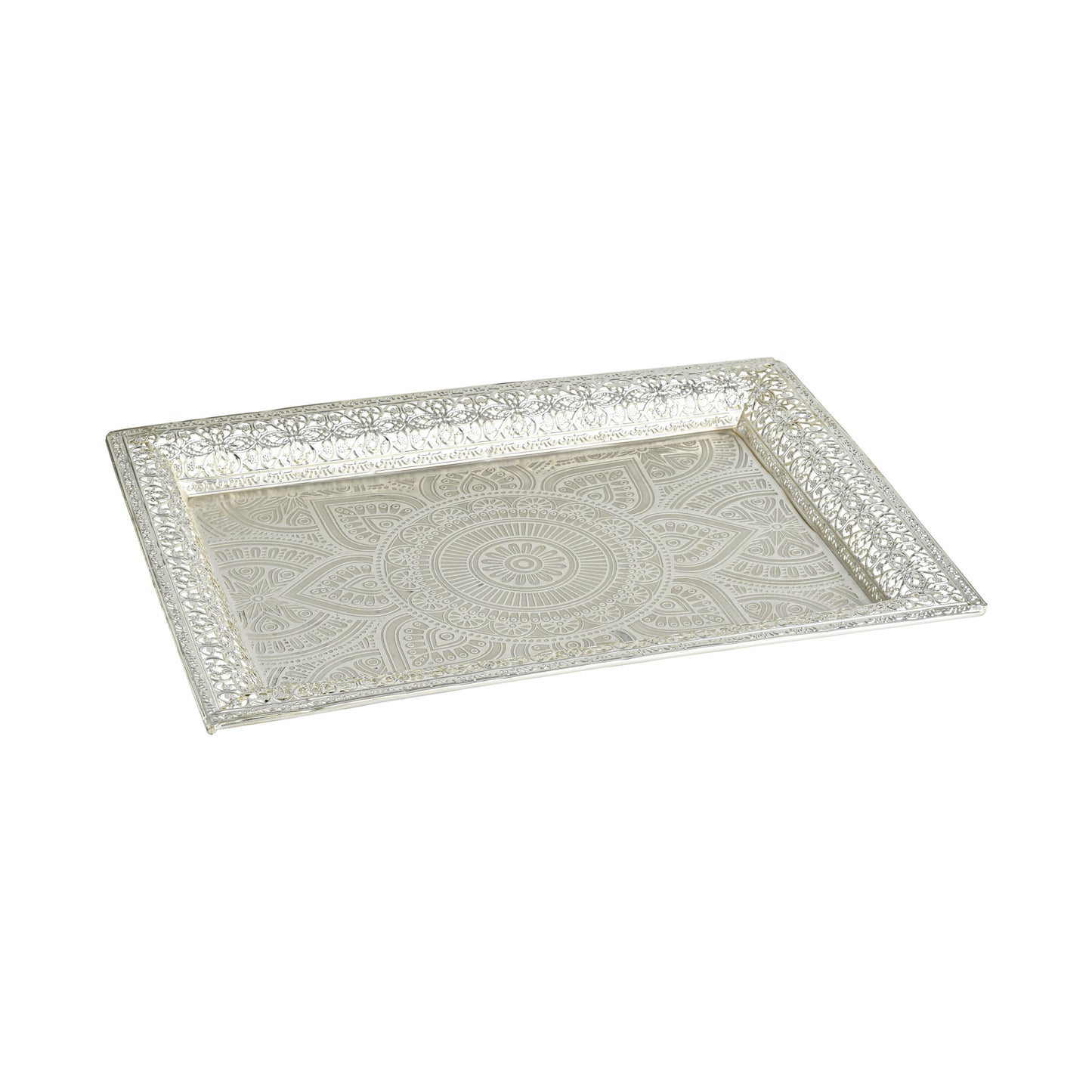 Elegant Silver-Plated Decorative Tray with Intricate Floral Engraving