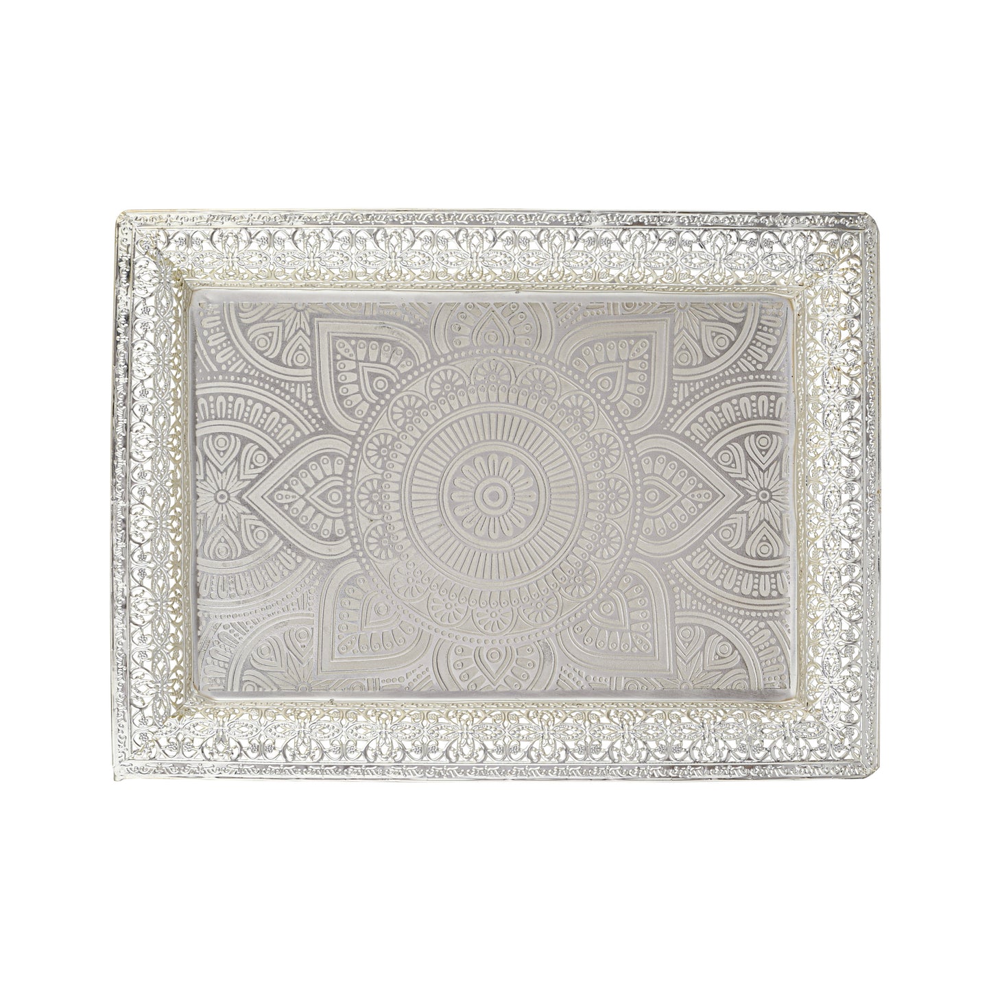 Elegant Silver-Plated Decorative Tray with Intricate Floral Engraving