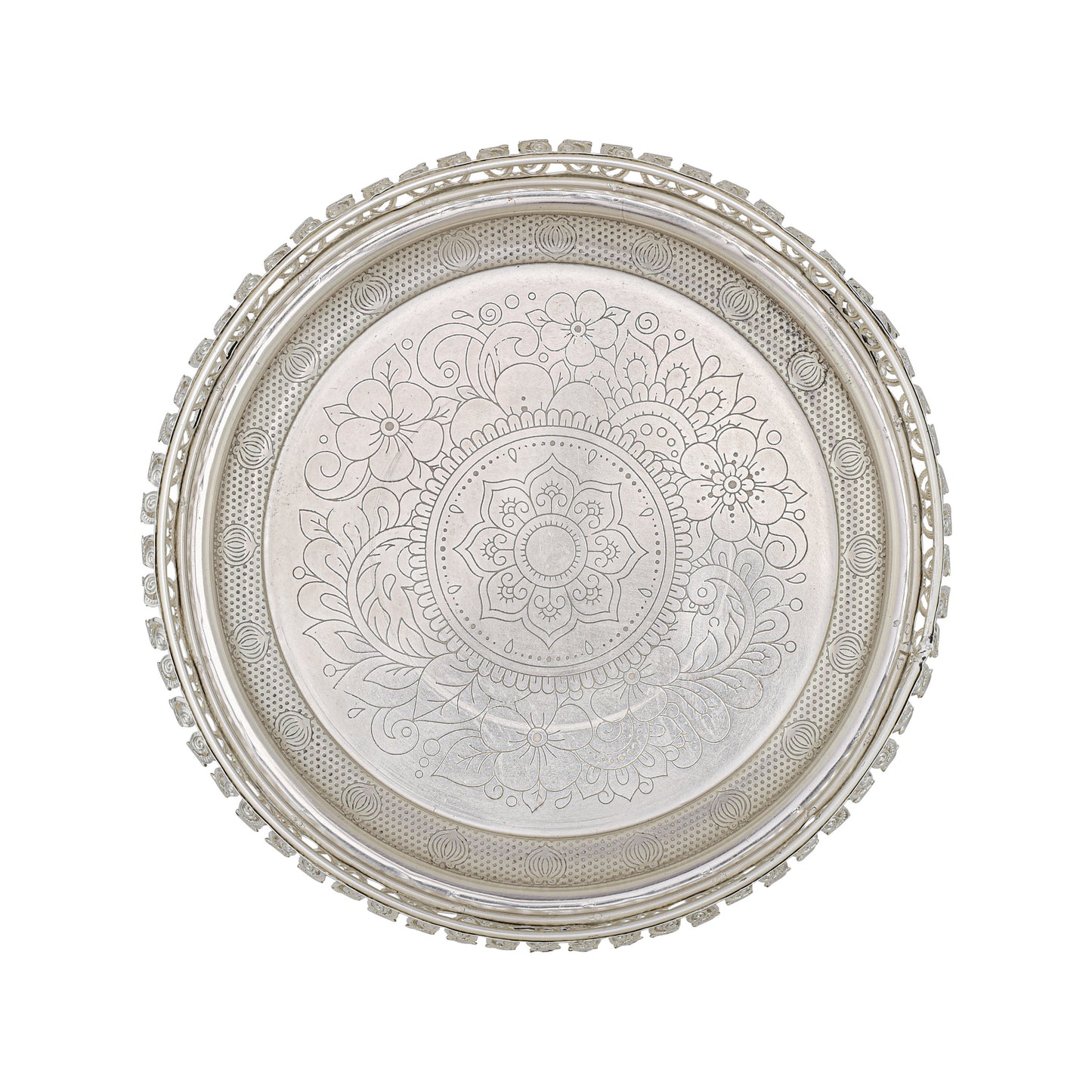 Ornate Silver-Plated Decorative Round Tray – Etched Base Design Serving Platter for Dining Table, Events & Home Décor