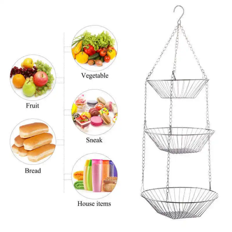 3-Tier Hanging Fruit Basket – Space-Saving Metal Wire Storage for Kitchen & Pantry