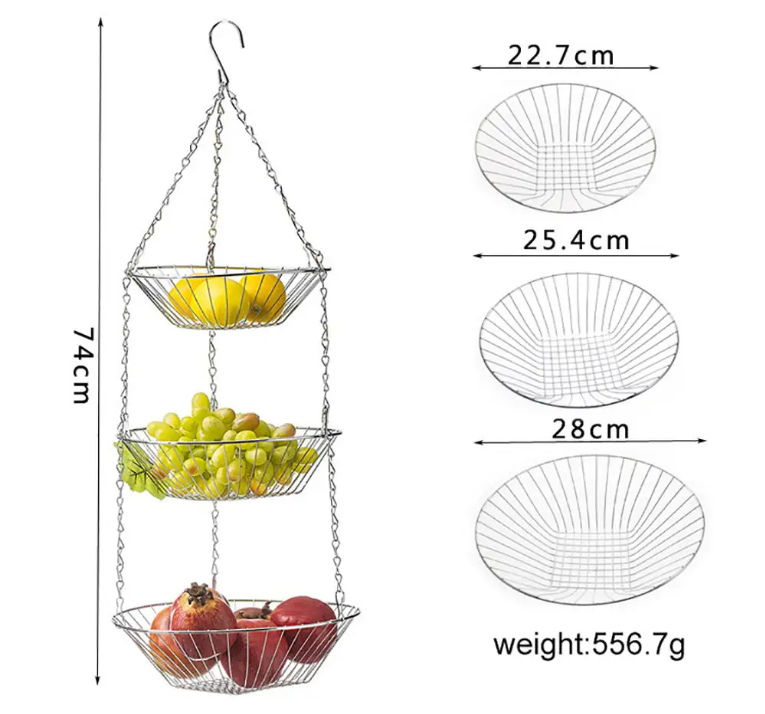 3-Tier Hanging Fruit Basket – Space-Saving Metal Wire Storage for Kitchen & Pantry