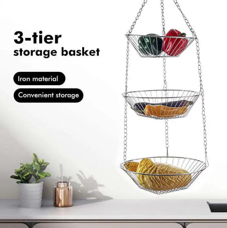3-Tier Hanging Fruit Basket – Space-Saving Metal Wire Storage for Kitchen & Pantry
