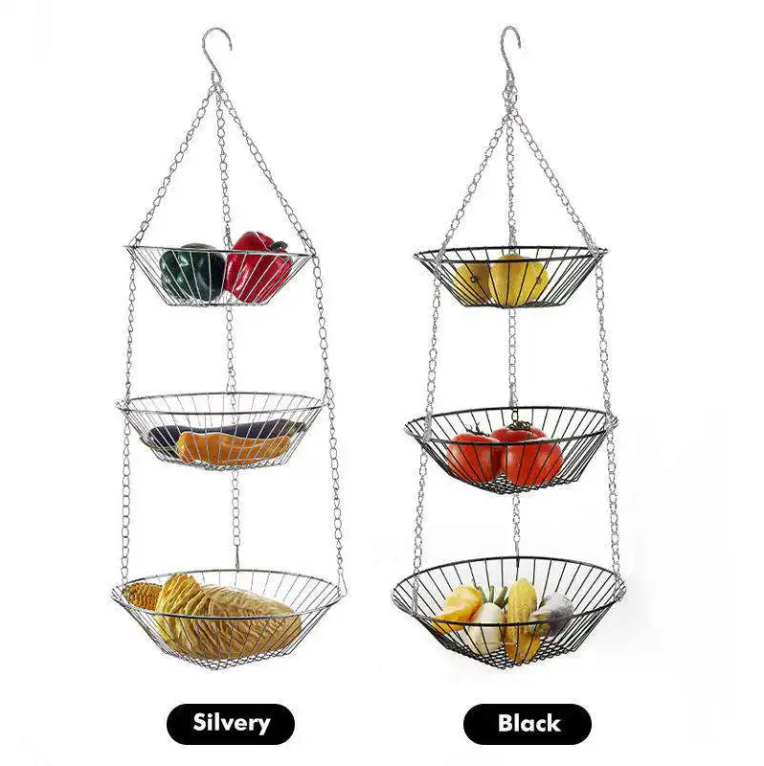 3-Tier Hanging Fruit Basket – Space-Saving Metal Wire Storage for Kitchen & Pantry