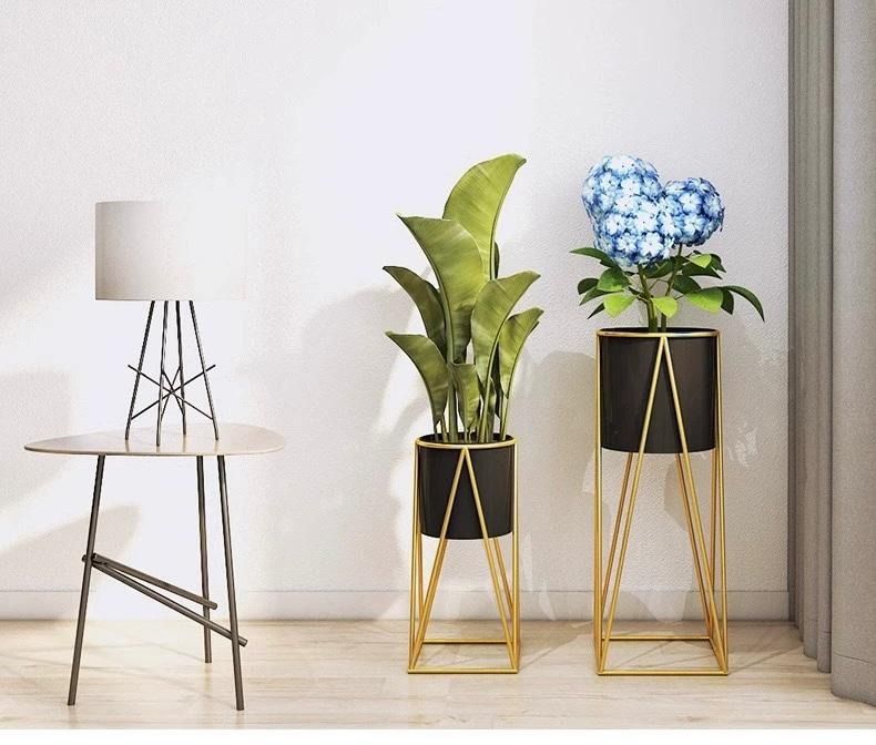 2-Piece Modern Metal Plant Stand Set – Matte Black Pots with Gold Geometric Frames