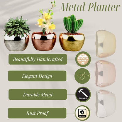 Trio of Lustrous Metallic Planters | Gold, Silver & Copper Plated