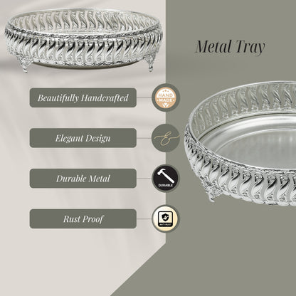 Ornate Silver-Plated Decorative Round Tray – Etched Base Design Serving Platter for Dining Table, Events & Home Décor