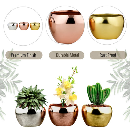 Trio of Lustrous Metallic Planters | Gold, Silver & Copper Plated