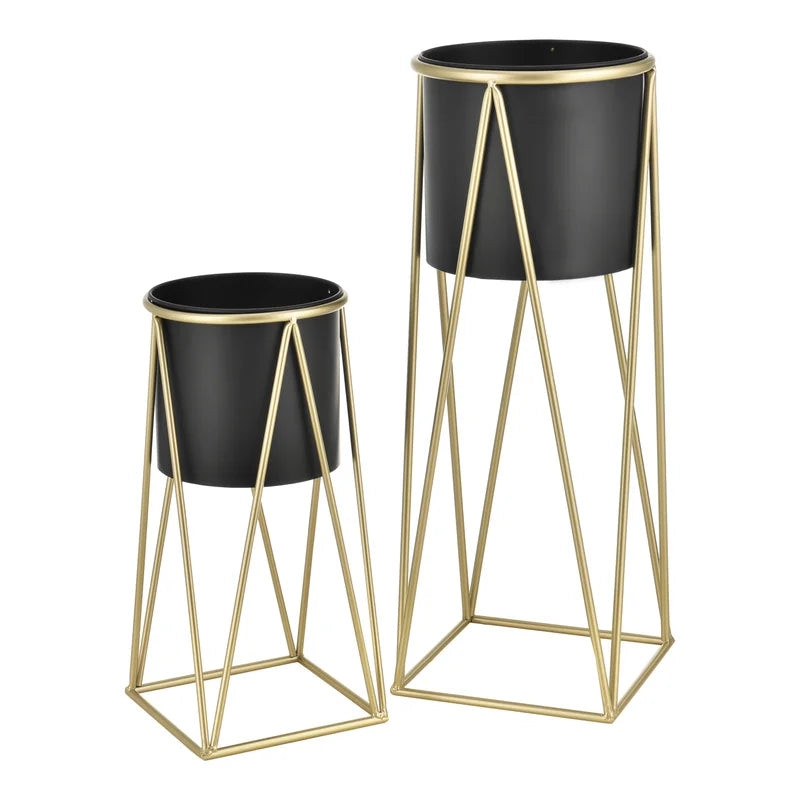 2-Piece Modern Metal Plant Stand Set – Matte Black Pots with Gold Geometric Frames