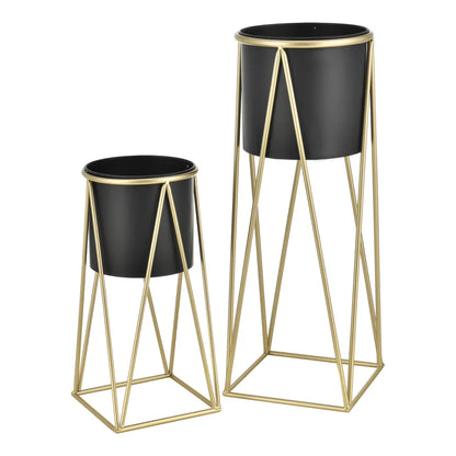 2-Piece Modern Metal Plant Stand Set – Matte Black Pots with Gold Geometric Frames