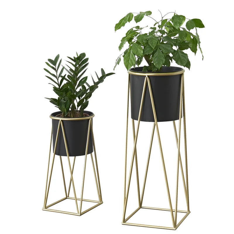 2-Piece Modern Metal Plant Stand Set – Matte Black Pots with Gold Geometric Frames