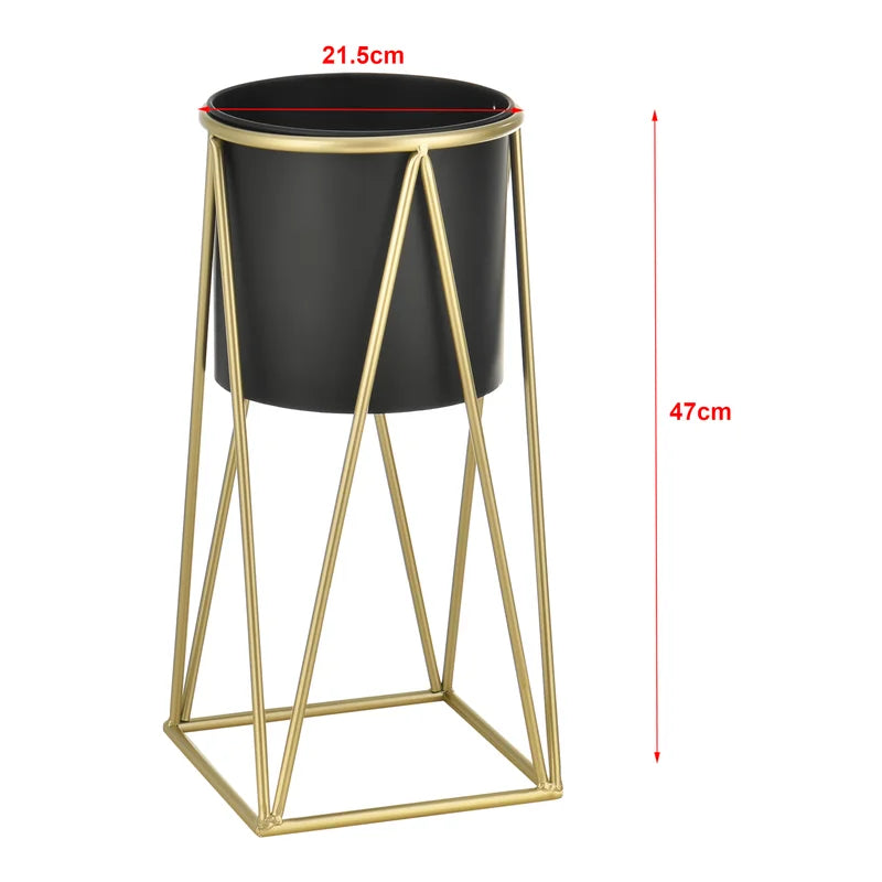 2-Piece Modern Metal Plant Stand Set – Matte Black Pots with Gold Geometric Frames