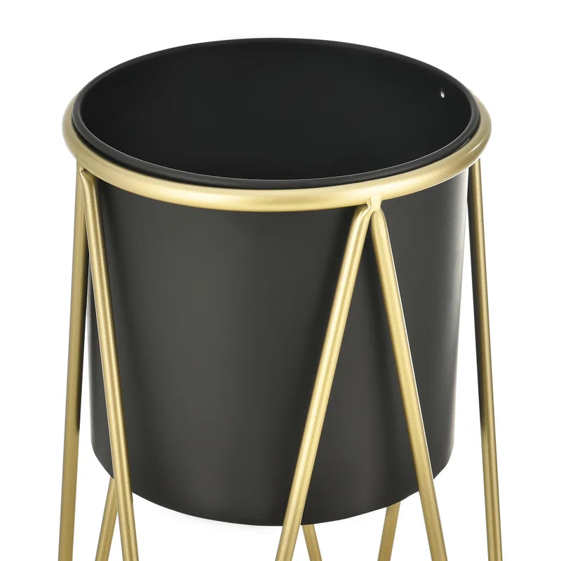 2-Piece Modern Metal Plant Stand Set – Matte Black Pots with Gold Geometric Frames