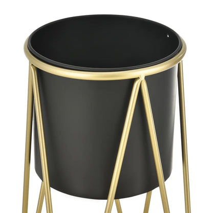 2-Piece Modern Metal Plant Stand Set – Matte Black Pots with Gold Geometric Frames