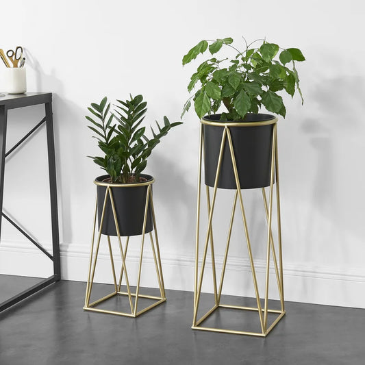 2-Piece Modern Metal Plant Stand Set – Matte Black Pots with Gold Geometric Frames