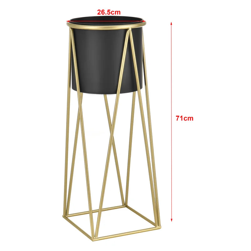 2-Piece Modern Metal Plant Stand Set – Matte Black Pots with Gold Geometric Frames