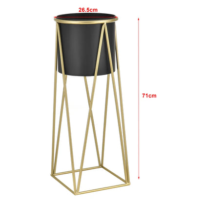 2-Piece Modern Metal Plant Stand Set – Matte Black Pots with Gold Geometric Frames