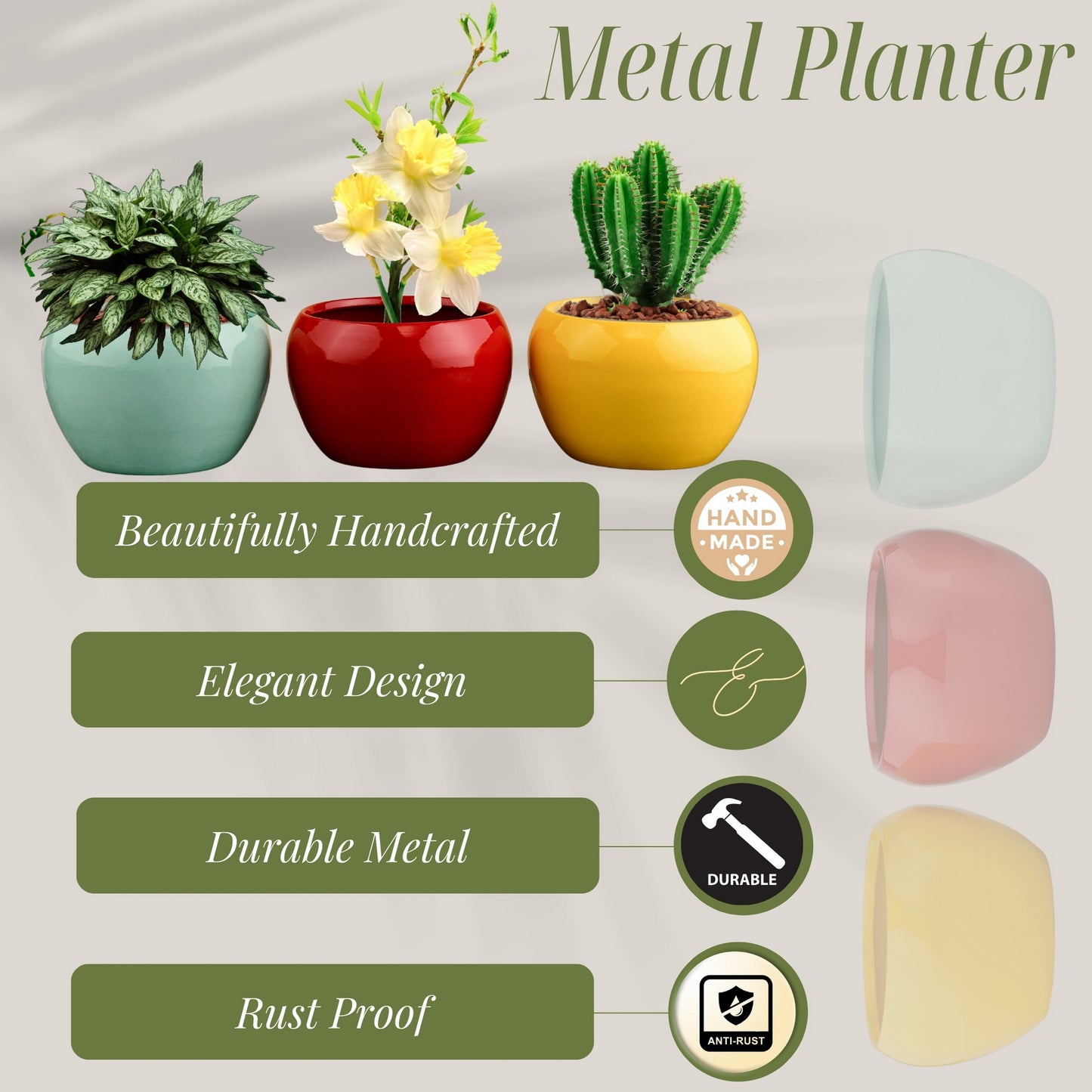 Trio of Vibrant Metal Planters